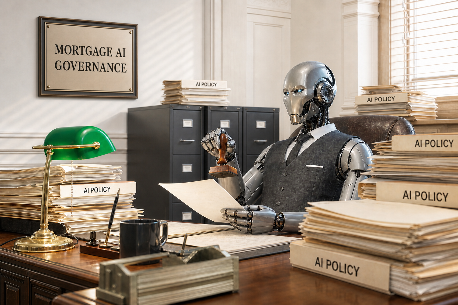 A humanoid robot holds an approval stamp in a bright office beneath a Mortgage AI Governance sign, surrounded by stacks labeled AI Policy.