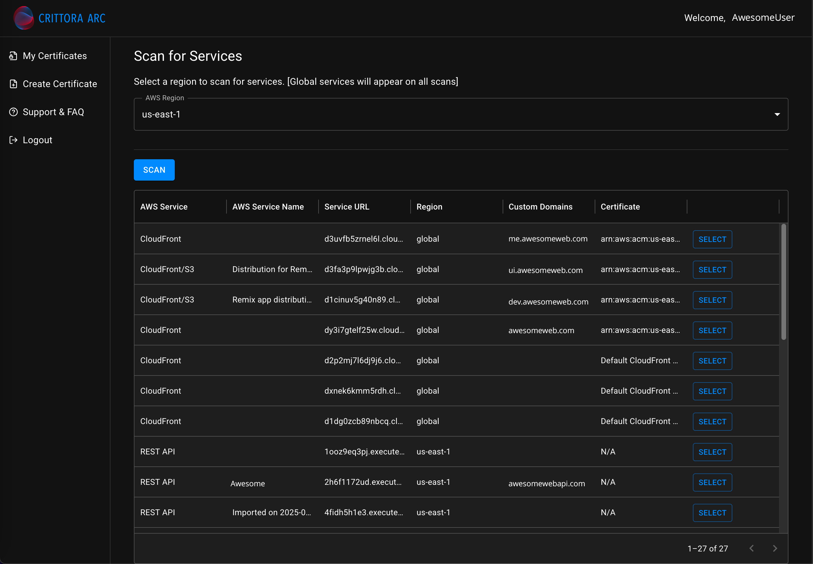 ARC's endpoint discovery tool interface showing certificate scanning results